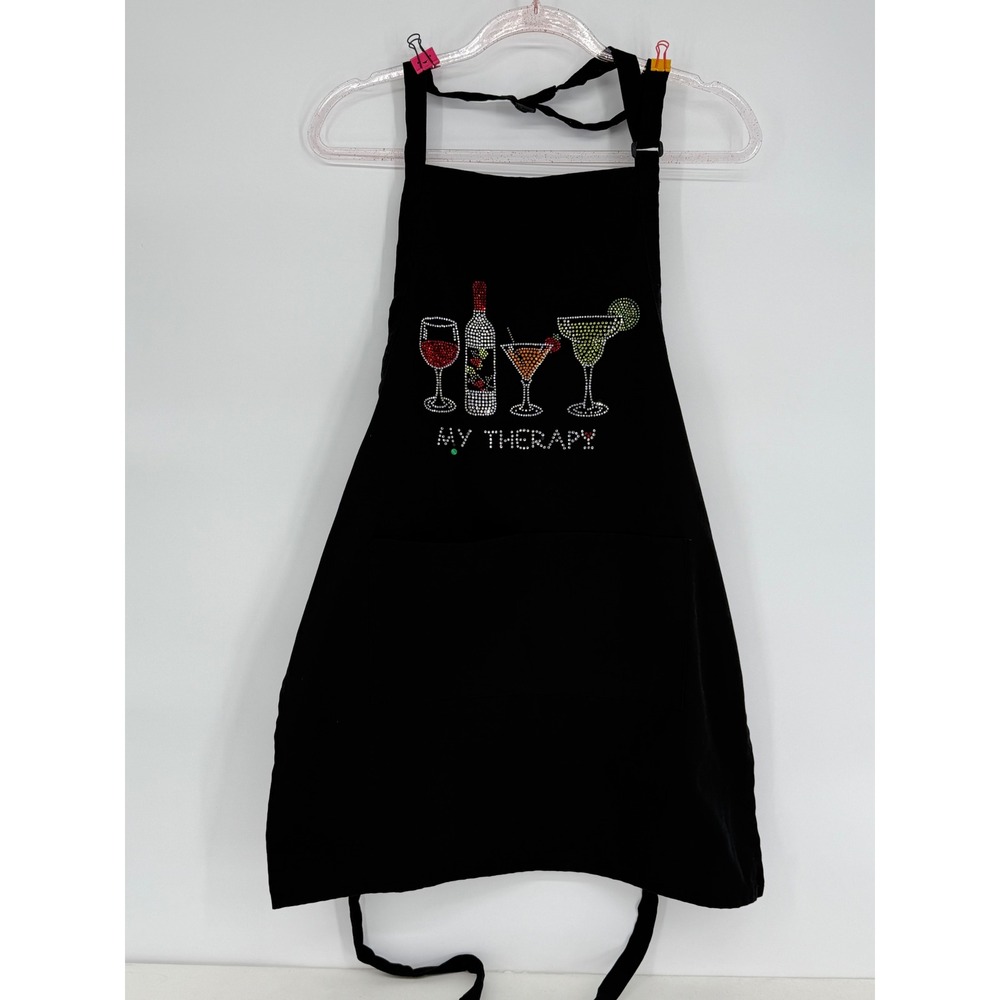 Kaufman Black Apron Rhinestone Drink My Therapy Kitchen Chef‎ Cooking Baking
